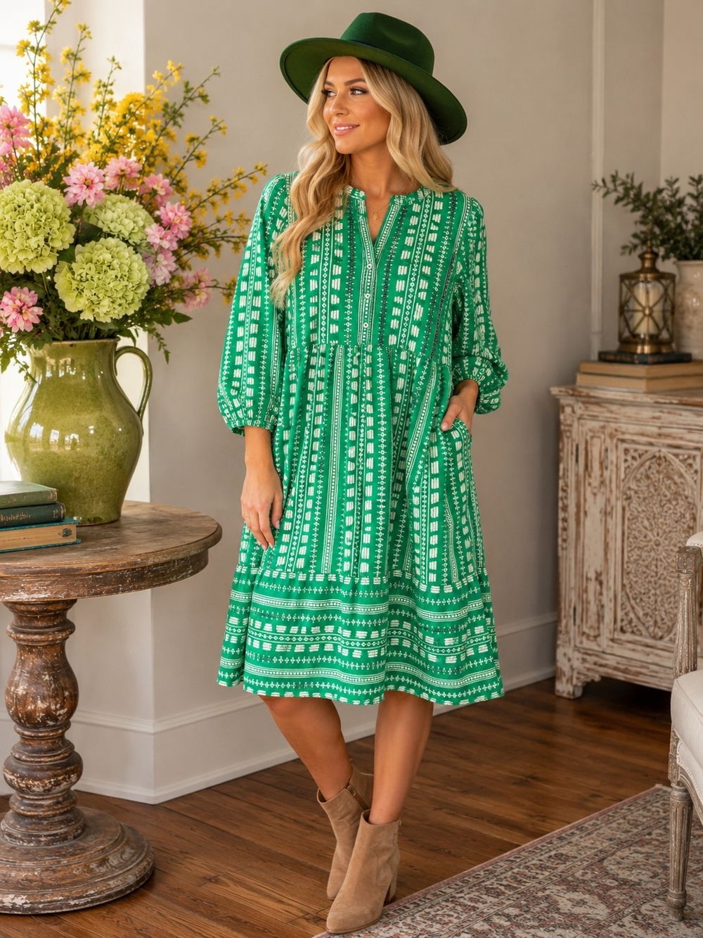 Green Printed Midi Dress with Pockets
